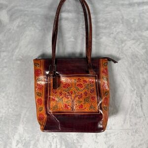 Great American Leather Works Floral Tooled Cowhide Leather Tote Bag Brown‎ Tan
